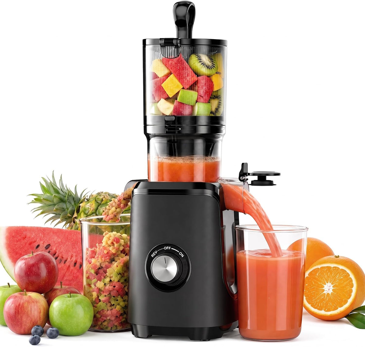 KMFurnila Zitruspressen, Schwarz, Slow Chew Juicer Maschinen, kalte Presse Entsafter mit Sicherheitsschloss