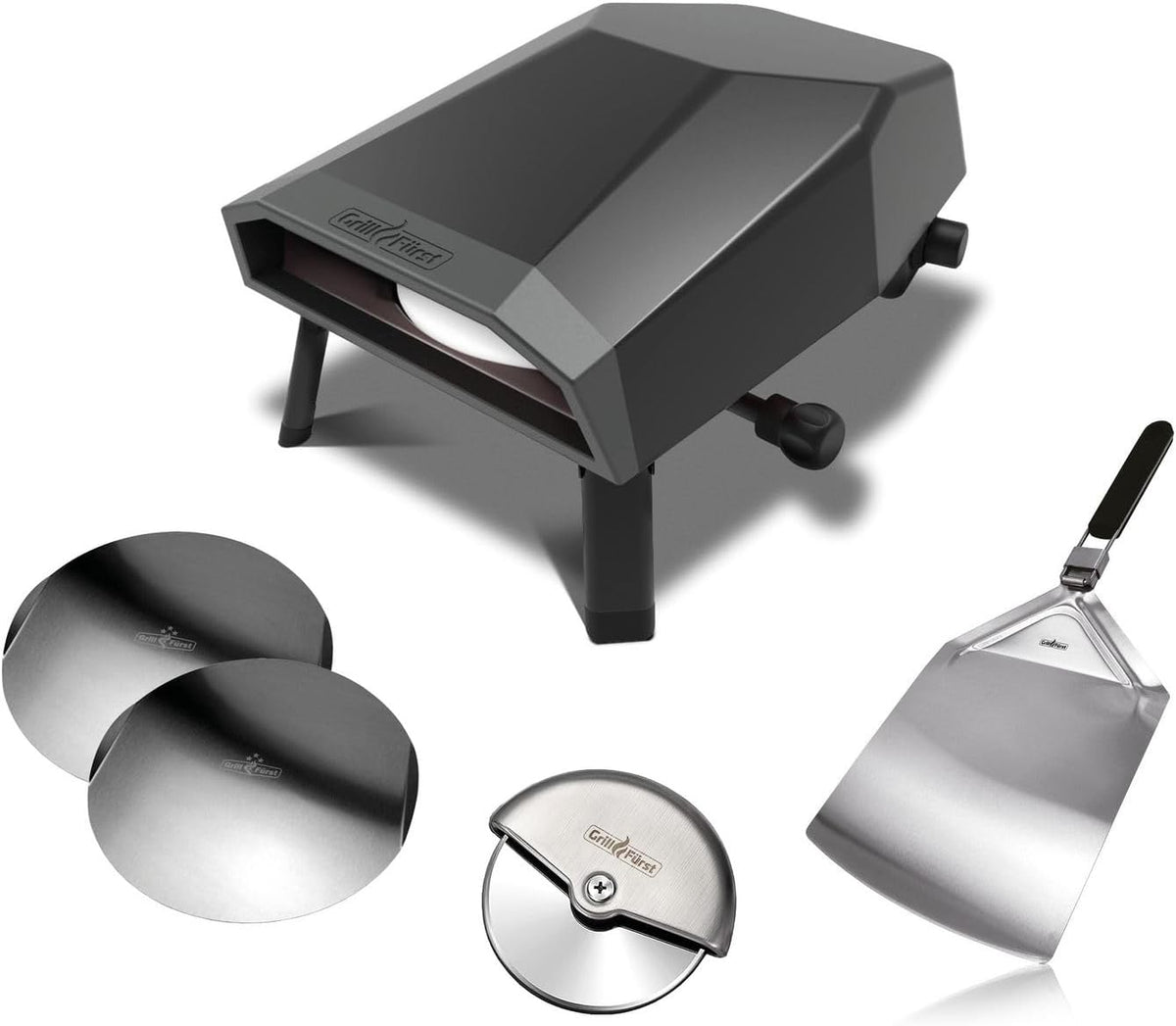 Grillfürst Pizzaofen, 4,65 kW, Schwarz, Gas 305 mit drehbarem Pizzastein inkl. Starterset mit, 2 Pizzablechen und Pizzaschneider - bis zu 400°C