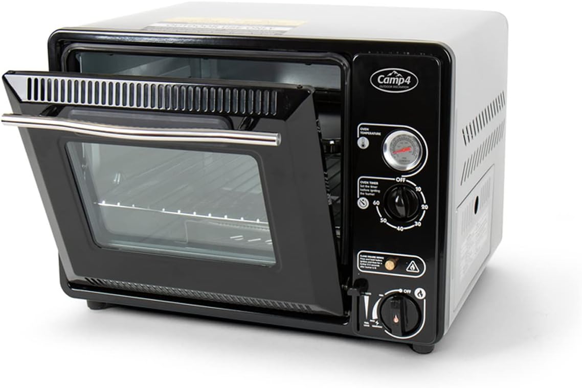 Camp4 Backofen, 47 x 32,5 x 32,5 cm, 1,1 kW, Schwarz/Silber, Camping Mini-Gasofen für Wohnwagen & Wohnmobil, mobiler Gas mit Piezo-Zündung