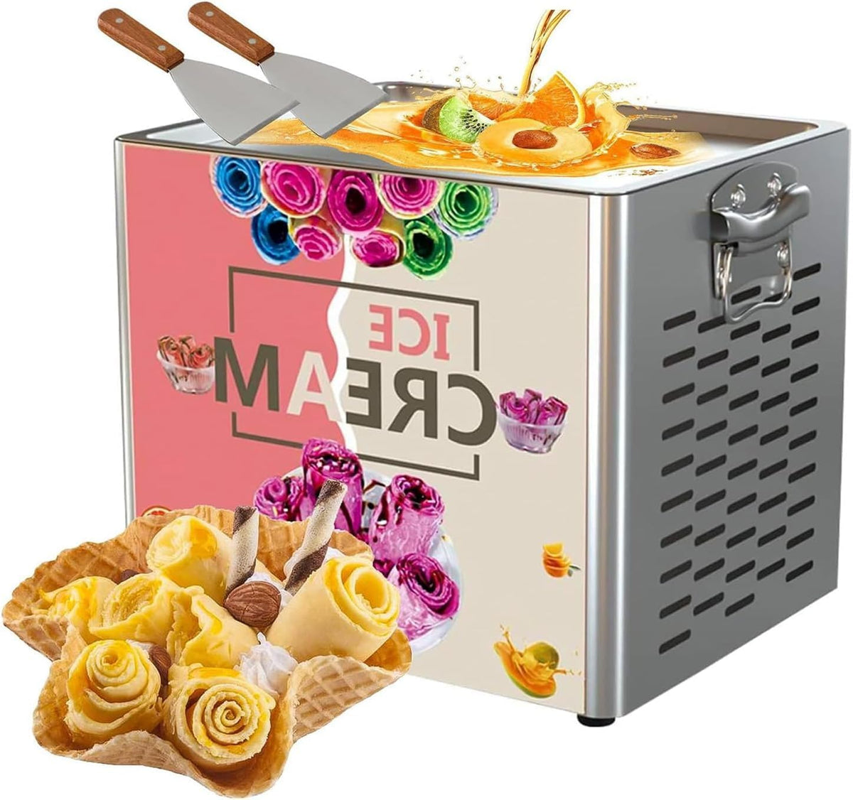 Acivirdde Eismaschine, Schwarz, Joghurt-, 330-W-Automatik- mit Rollenfunktion, Gewerbe- mit 2 Eisschaufeln für die einfache Zubereitung