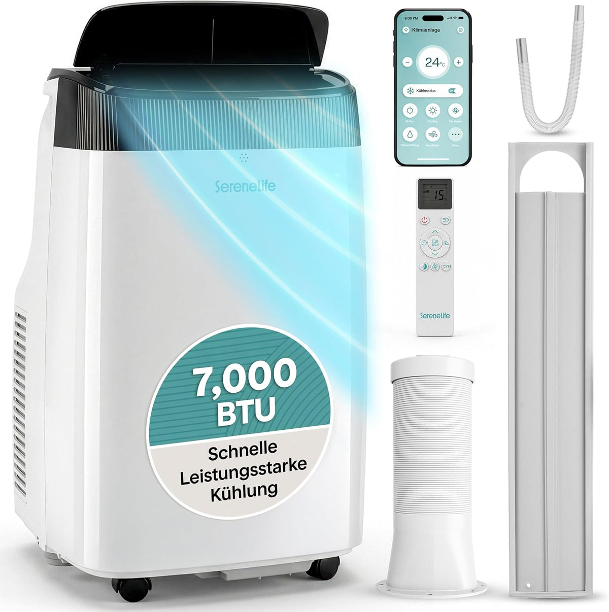 SereneLife Klimaanlage, 28m, Weiß, Mobil mit Abluftschlauch 7000 BTU, 3 in 1 Klimagerät- Kühlen Ventilieren und Entfeuchten