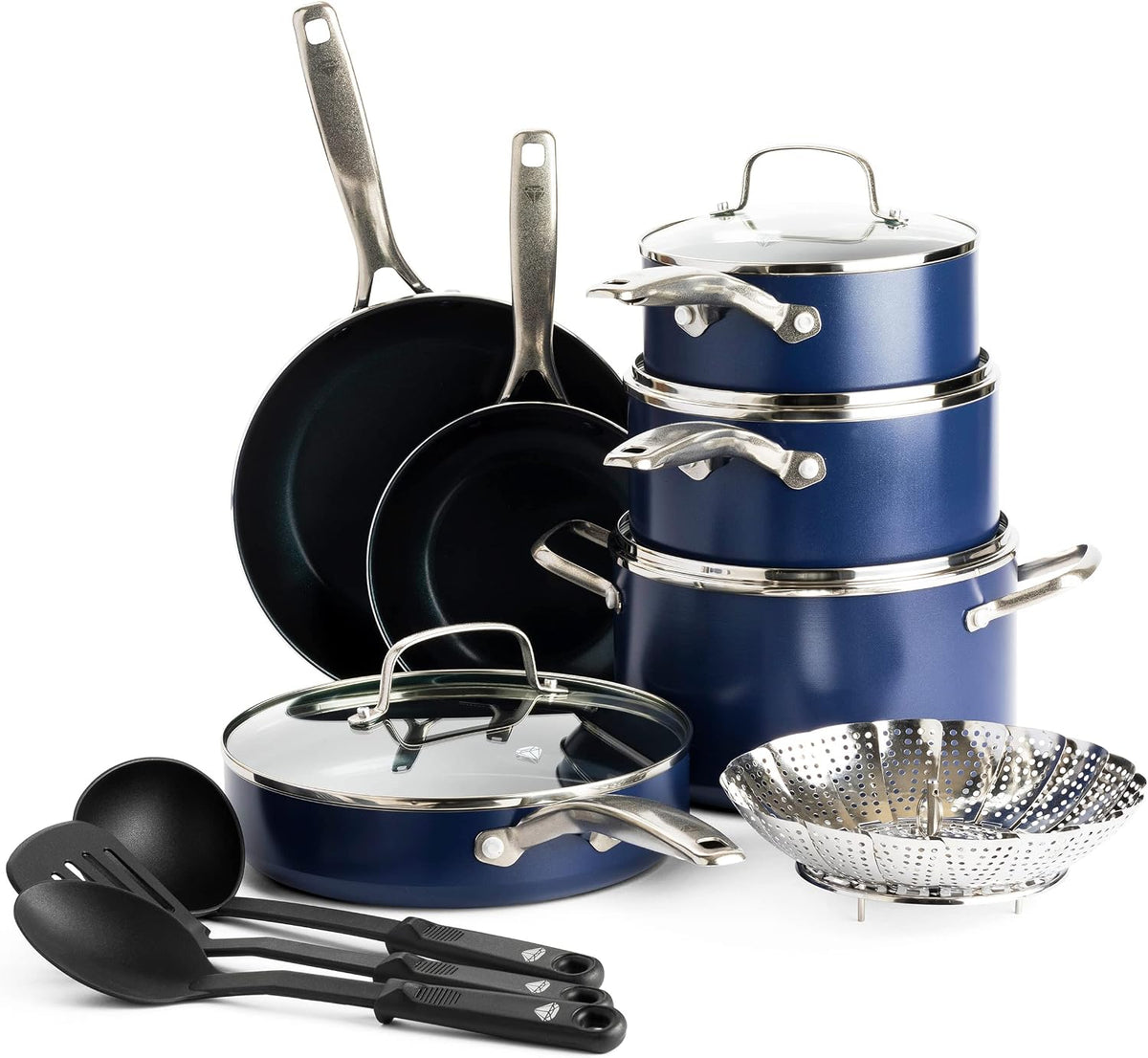 Blue Diamond Backofen, Blau, Cookware Diamantstruktur Keramik Antihaft, 14-teiliges Topf- und Pfannenset, PFAS-frei