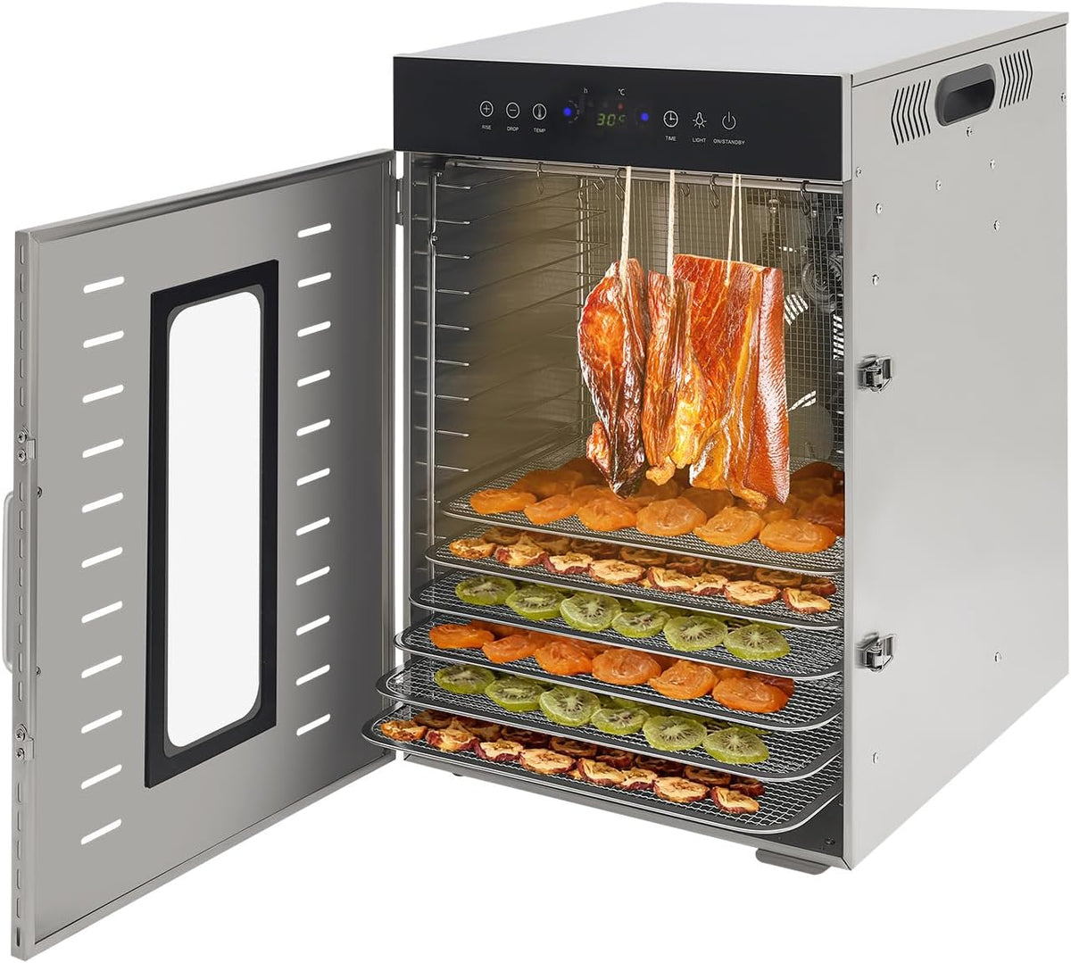 ZNLLQZN Dörrautomaten, 1370 W ± 20 W, Edelstahl, Silber, Dörrautomat Edelstahl Dehydrator - Flach Liegend & Hängend