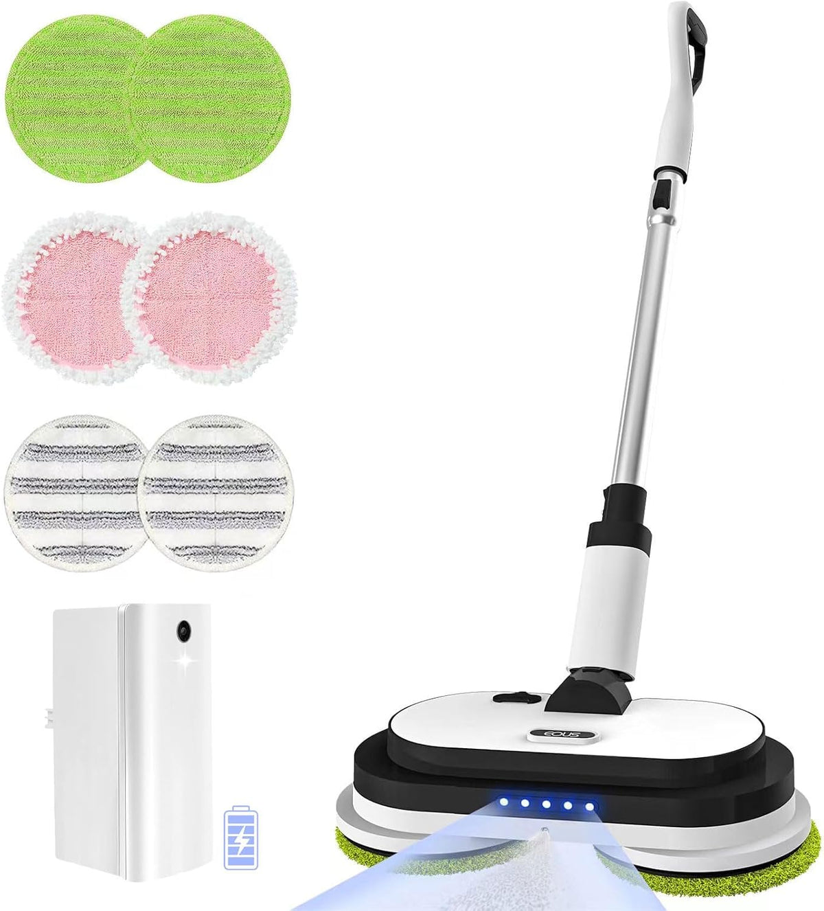 eous Nass- & Trockenmopps, Schwarz, Kabelloser elektrischer Wischmopp, mit 300 ml Wassertank, elektrischer Bodenwischer mit LED-Scheinwerfern