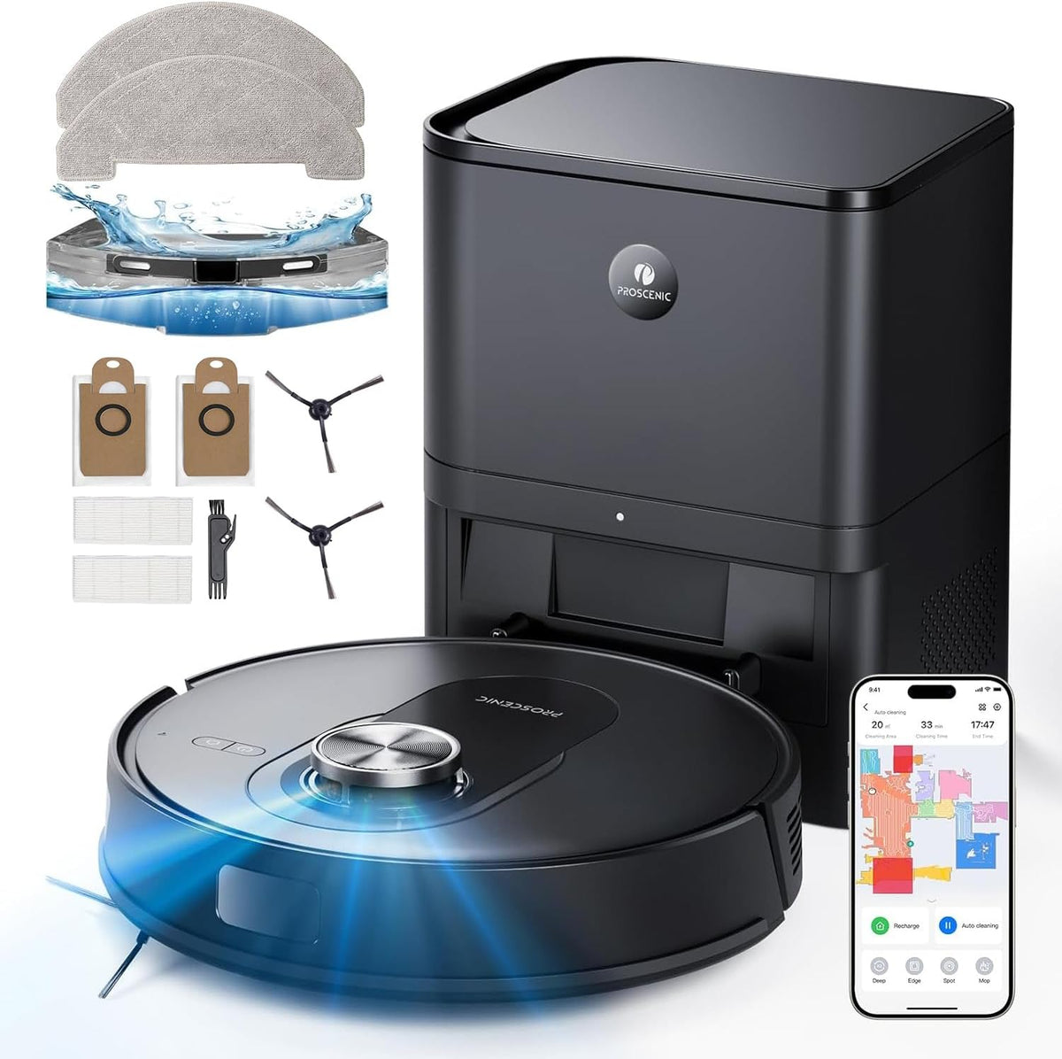 Proscenic Saugroboter, 3 L, Schwarz, Q8 Max mit Wischfunktion, 6000Pa 200min Staubsauger Roboter mit Absaugstation