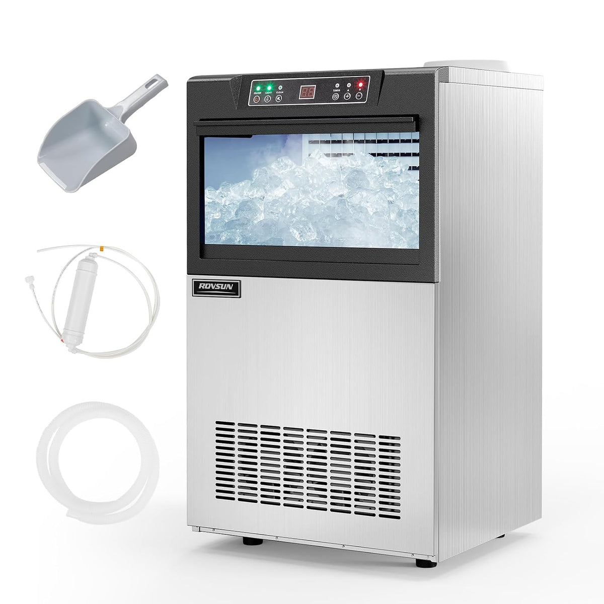 ROVSUN Eismaschine, 73 kg, 23 kg, Edelstahl, Schwarz, Gewerbliche Eiswürfelmaschine /24 Std. Kommerzielle mit, Eiswürfelbereiter 24H-Timer